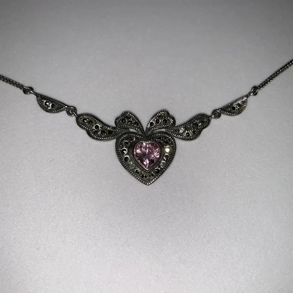 Vintage 925 Sterling Silver Antique Style Heart Pink Gem Marcasite Necklace 18” - Picture 4 of 7